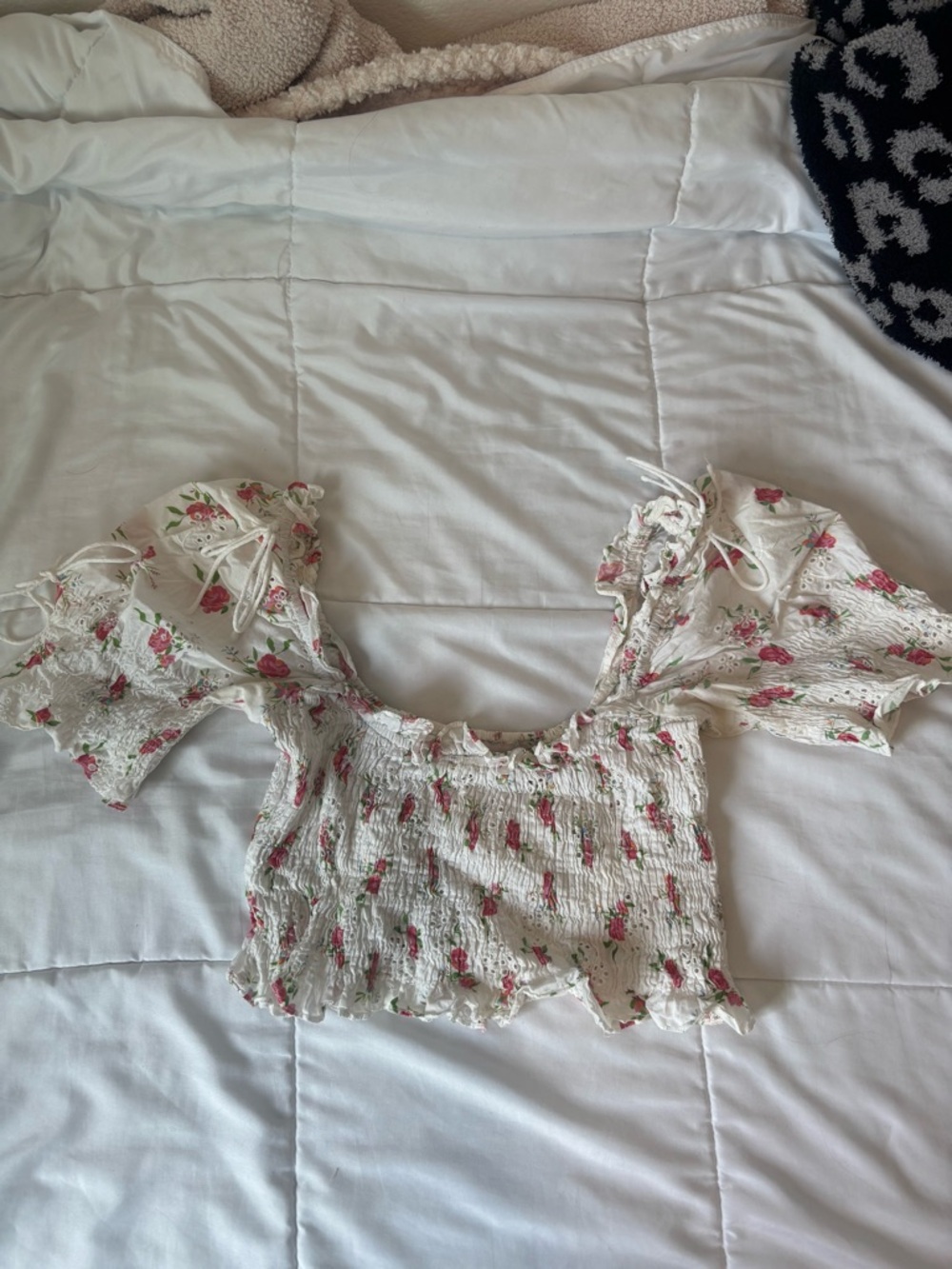 Floral Smocked Crop Top - White with Pink Rose Print